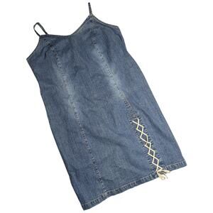Vtg Y2K Venezia Blue Stretch Denim Lace-Up Detail Spaghetti Strap Mini Dress 16